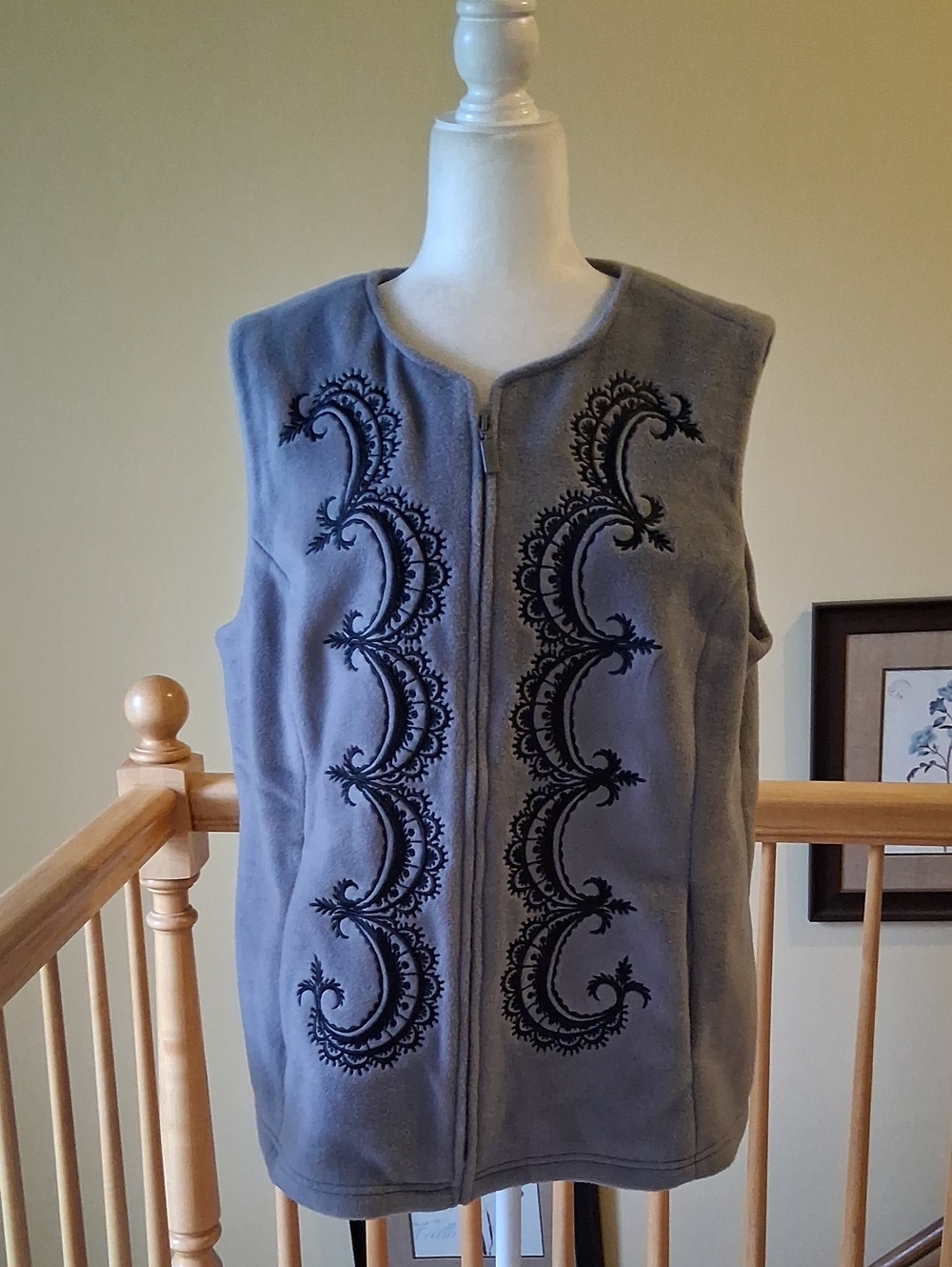 Bob Mackie Gray Sleeveless Vest with Black Embroidered Scrolls, Front Pockets